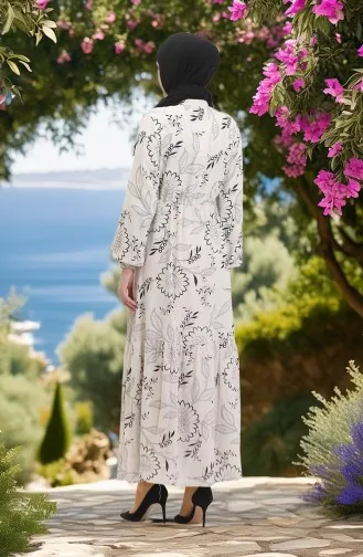 Önden Düğmeli Bağcıklı Keten Elbise 0520C-04 Bej Siyah