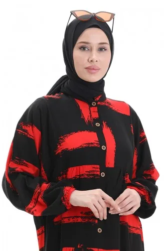 فستان منقوش بأزرار نصفية 2069-01 أسود وأحمر 2069-01