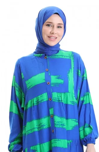 فستان منقوش بأزرار نصفية 2069-02 ساكس جرين 2069-02