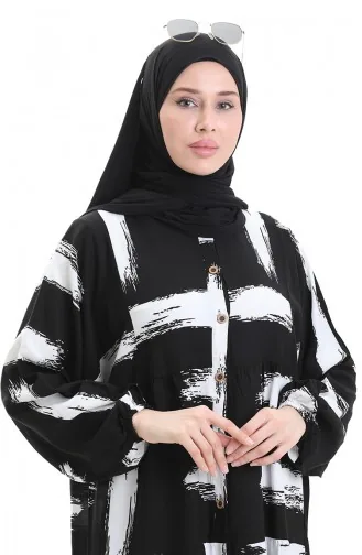 فستان منقوش بأزرار نصفية 2069-03 أسود وأبيض 2069-03