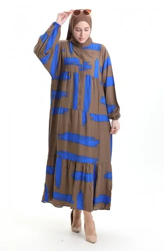 فستان منقوش بأزرار نصفية 2069-04 بني ساكسوني 2069-04