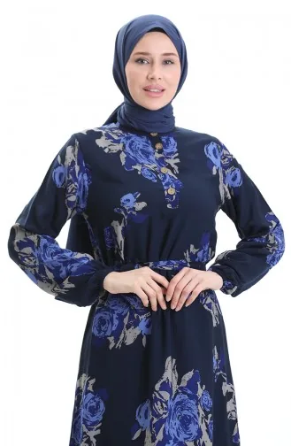 فستان منقوش بأزرار وحزام 2076-01 أزرق داكن ساكسوني 2076-01
