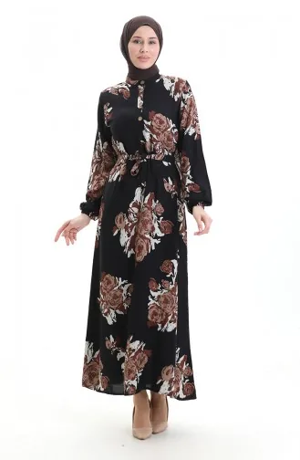 فستان منقوش بأزرار وحزام 2076-02 أسود وبني 2076-02