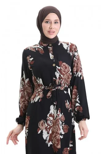 فستان منقوش بأزرار وحزام 2076-02 أسود وبني 2076-02