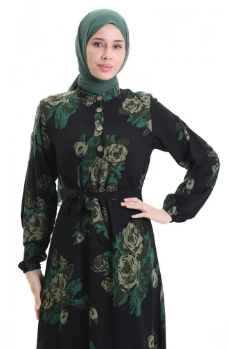 فستان منقوش بأزرار وحزام 2076-03 أسود وأخضر 2076-03