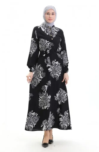 فستان منقوش بأزرار وحزام 2076-04 أسود رمادي 2076-04
