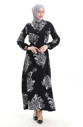 فستان منقوش بأزرار وحزام 2076-04 أسود رمادي 2076-04