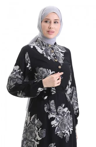 فستان منقوش بأزرار وحزام 2076-04 أسود رمادي 2076-04