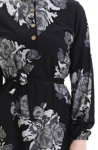 فستان منقوش بأزرار وحزام 2076-04 أسود رمادي 2076-04