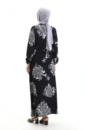 فستان منقوش بأزرار وحزام 2076-04 أسود رمادي 2076-04