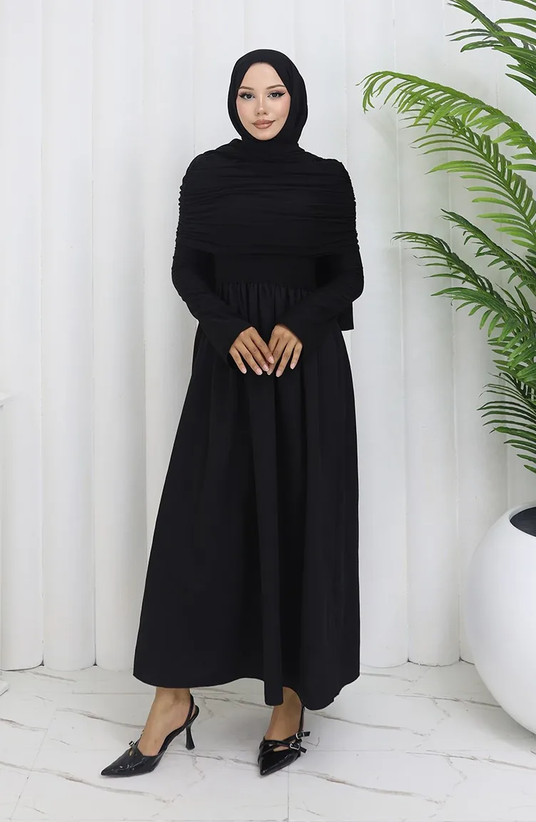 Robe Hijab Drapée à Col Madonna 81900-01 Noir 81900-01