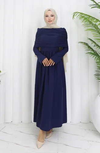 Drapeli Madonna Yaka Tesettür Elbise 81900-02 Lacivert
