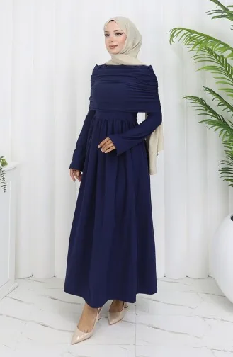 Drapeli Madonna Yaka Tesettür Elbise 81900-02 Lacivert