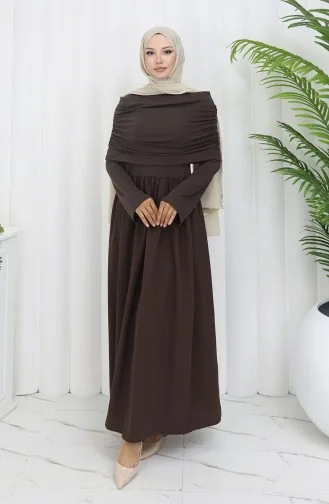 Drapeli Madonna Yaka Tesettür Elbise 81900-03 Kahverengi