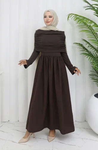 Drapeli Madonna Yaka Tesettür Elbise 81900-03 Kahverengi