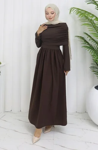 Drapeli Madonna Yaka Tesettür Elbise 81900-03 Kahverengi