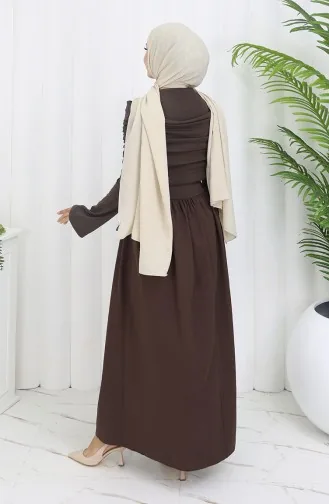 Drapeli Madonna Yaka Tesettür Elbise 81900-03 Kahverengi