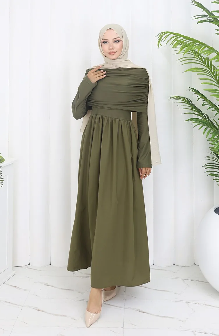 Draped Madonna Collar Hijab Dress 81900-04 Green 81900-04