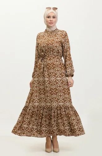 Desenli Viskon Elbise 0010-04 Taba