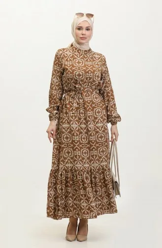 Desenli Viskon Elbise 0010-04 Taba