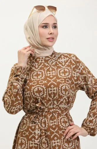 Desenli Viskon Elbise 0010-04 Taba