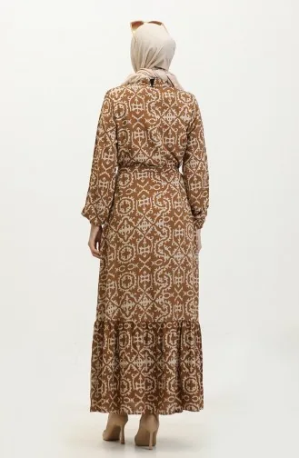 Desenli Viskon Elbise 0010-04 Taba