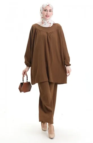 طقم تونيك وبنطلون بأكمام مرنة من قطعتين 0103-02 بني 0103-02