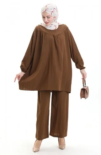 طقم تونيك وبنطلون بأكمام مرنة من قطعتين 0103-02 بني 0103-02