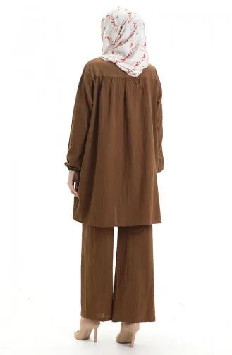 طقم تونيك وبنطلون بأكمام مرنة من قطعتين 0103-02 بني 0103-02