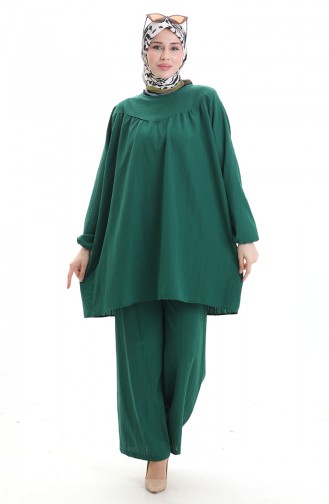 Kolu Lastikli Tunik Pantolon İkili Takım 0103-03 Zümrüt Yeşili