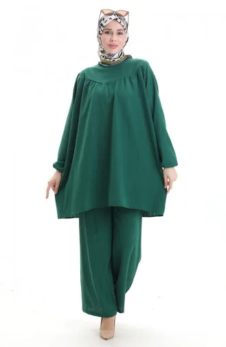 Elastic Sleeve Tunic Trousers Two Piece Set 0103-03 Emerald Green 0103-03