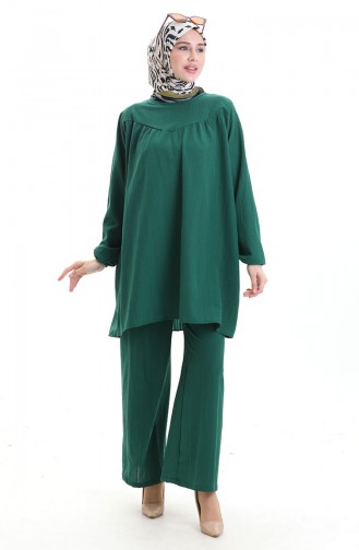 Kolu Lastikli Tunik Pantolon İkili Takım 0103-03 Zümrüt Yeşili