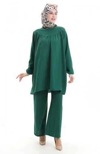 Elastic Sleeve Tunic Trousers Two Piece Set 0103-03 Emerald Green 0103-03