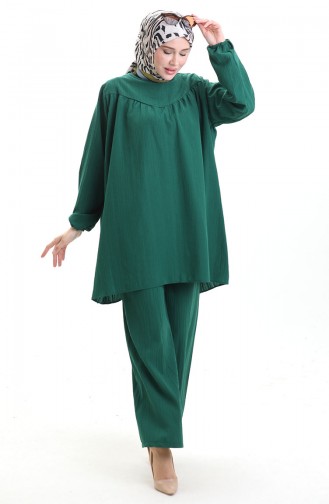 Kolu Lastikli Tunik Pantolon İkili Takım 0103-03 Zümrüt Yeşili
