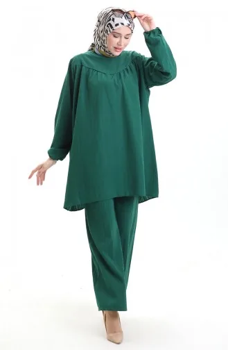 Elastic Sleeve Tunic Trousers Two Piece Set 0103-03 Emerald Green 0103-03