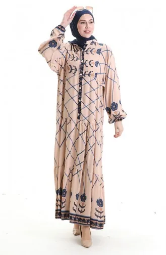 Rechterkraagjurk Met Patroon 2075-01 Mink Marineblauw 2075-01