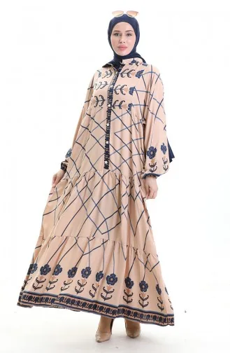 Rechterkraagjurk Met Patroon 2075-01 Mink Marineblauw 2075-01