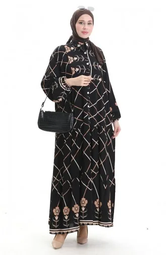Rechterkraagjurk Met Patroon 2075-03 Zwart Melkkoffie 2075-03