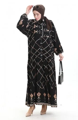 Rechterkraagjurk Met Patroon 2075-03 Zwart Melkkoffie 2075-03