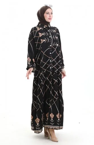 Rechterkraagjurk Met Patroon 2075-03 Zwart Melkkoffie 2075-03