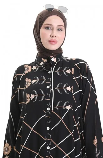 Rechterkraagjurk Met Patroon 2075-03 Zwart Melkkoffie 2075-03