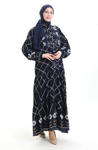 Rechterkraagjurk Met Patroon 2075-04 Marineblauw Wit 2075-04