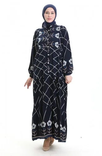 Rechterkraagjurk Met Patroon 2075-04 Marineblauw Wit 2075-04