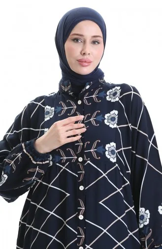 Rechterkraagjurk Met Patroon 2075-04 Marineblauw Wit 2075-04