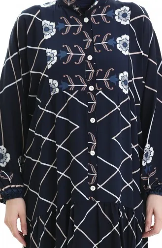 Rechterkraagjurk Met Patroon 2075-04 Marineblauw Wit 2075-04