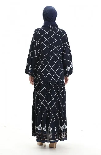 Rechterkraagjurk Met Patroon 2075-04 Marineblauw Wit 2075-04