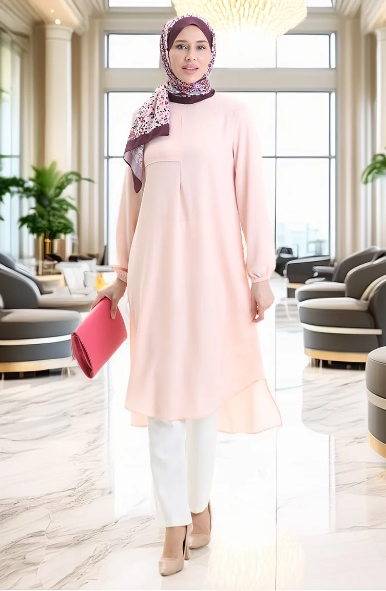 تونيك طويل بتفاصيل إطار 4105-01 بودرة 4105-01