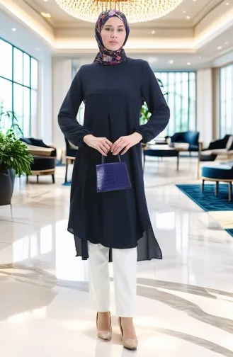 Çerçeve Detaylı Uzun Tunik 4105-07 Lacivert