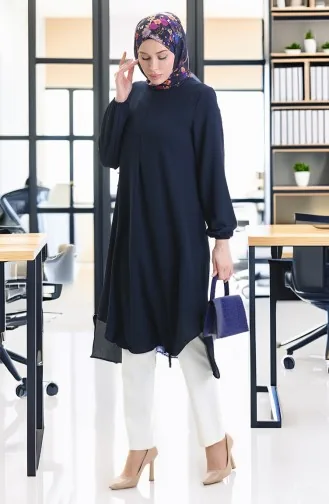 Çerçeve Detaylı Uzun Tunik 4105-07 Lacivert