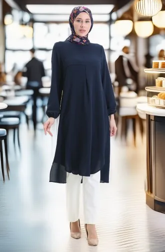Çerçeve Detaylı Uzun Tunik 4105-07 Lacivert